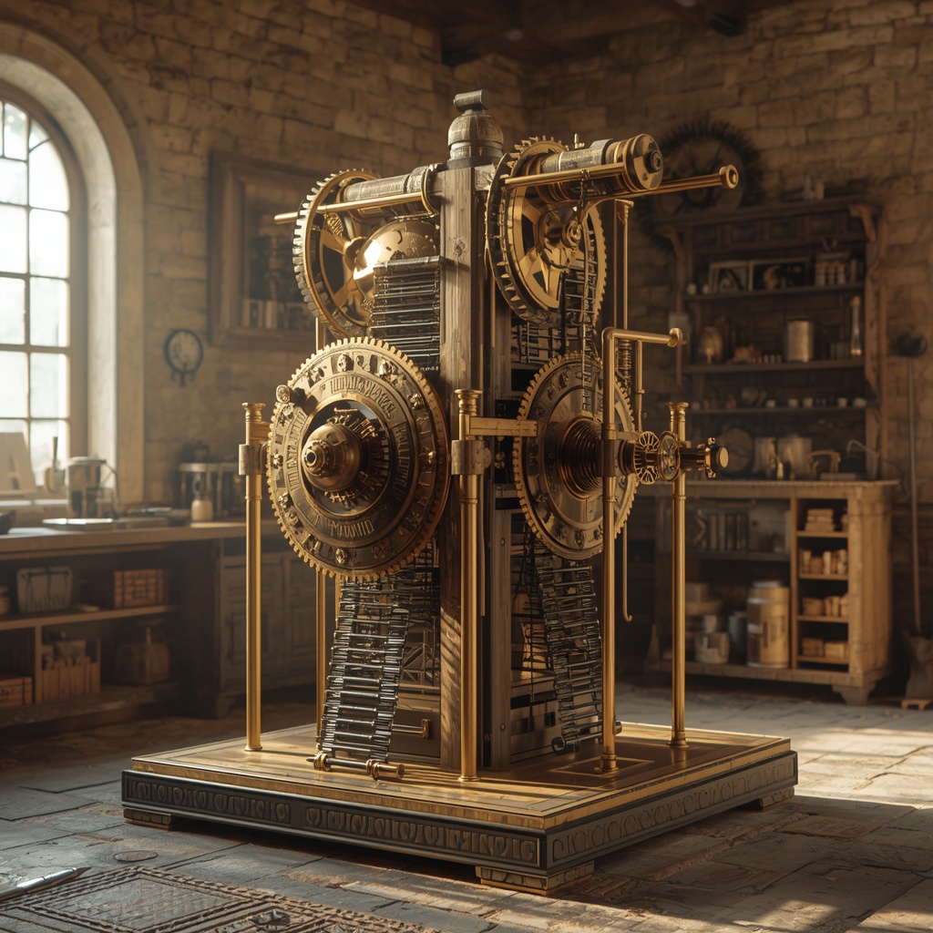 Ancient Greek automata and mechanical devices, early philosophical concepts of artificial intelligence, intricate bronze mechanisms in a sunlit stone workshop, detailed gears and pulleys, steampunk aesthetic, cinematic lighting, ultra realistic, 8k