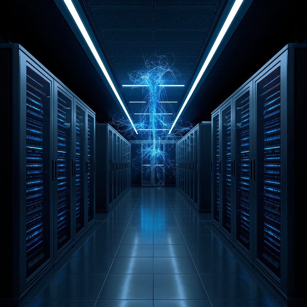 Modern AI data center with rows of server racks, blue LED lights, holographic neural network visualization floating above, sleek futuristic architecture, cinematic lighting, hyper realistic, 8k resolution