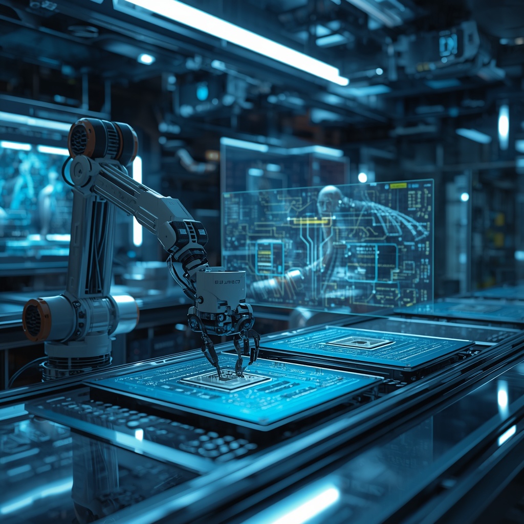 Futuristic laboratory with robotic arms assembling circuit boards, holographic displays showing AI algorithm visualizations, sleek metallic surfaces, blue and cyan ambient lighting, ultra detailed, cinematic photography